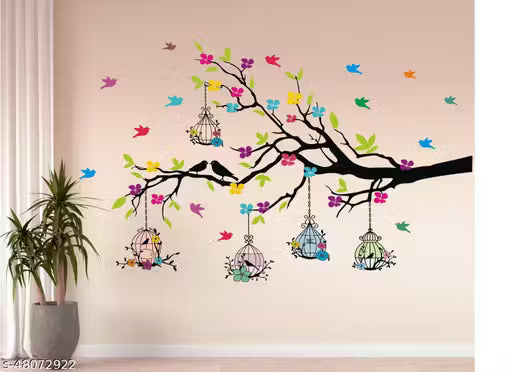 Heaven Decors - Medium - Tree Branches With Birdcage And Flower- Wall Decoration Sticker Home ( ideal size on wall: 100 cm x 60 cm ),Multicolour